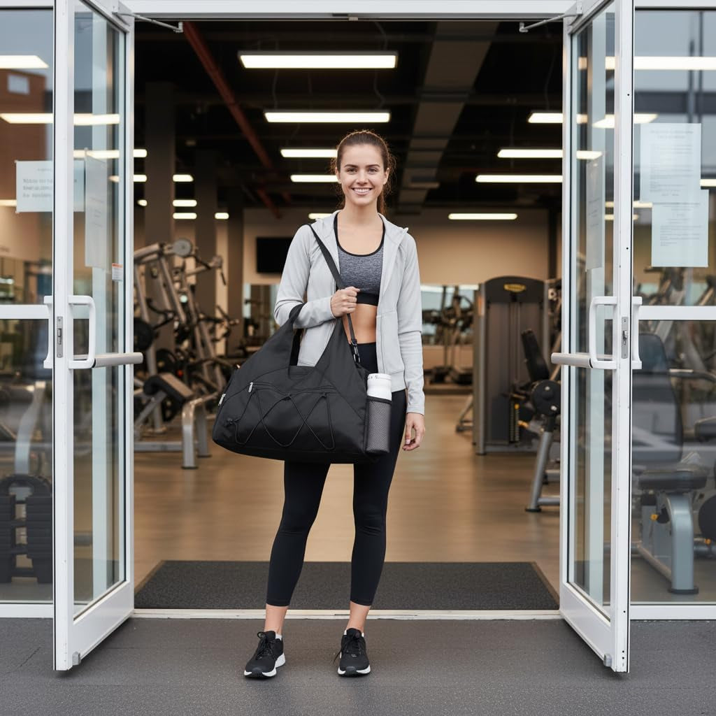 Gym Bag for Women with Yoga Mat Holder, Black