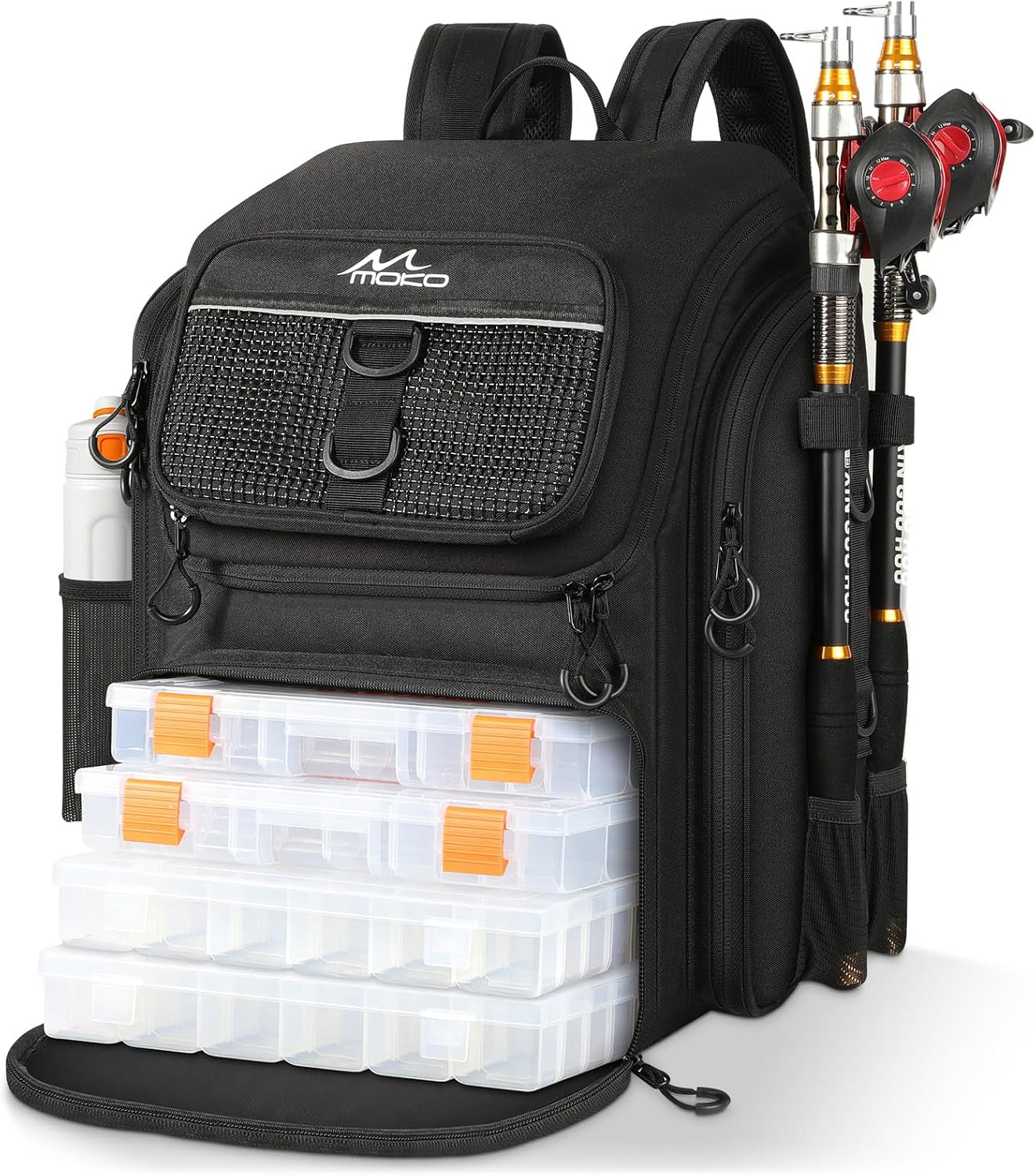 Large 40L Fishing Tackle Backpack with Rod Holders & Bait Binder