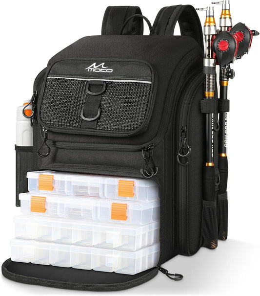 Large 40L Fishing Tackle Backpack with Rod Holders & Bait Binder
