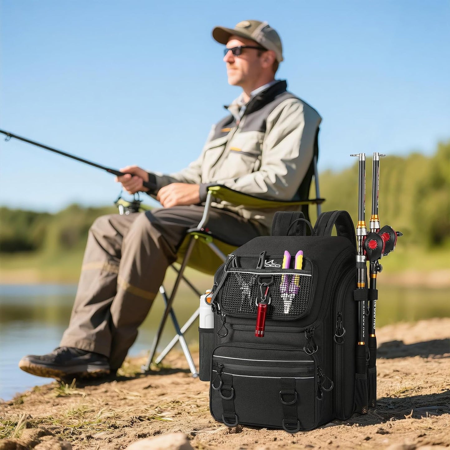 Large 40L Fishing Tackle Backpack with Rod Holders & Bait Binder