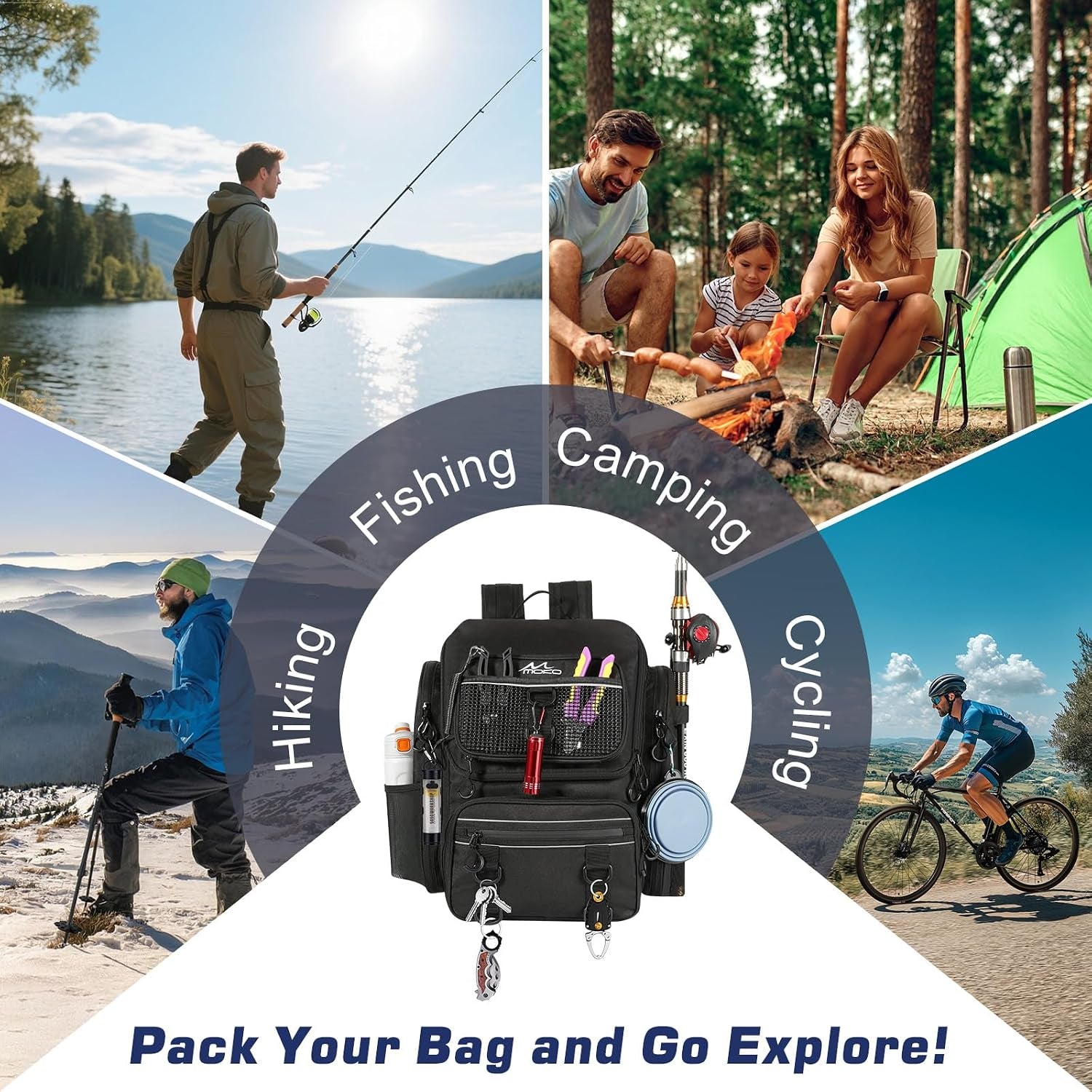 Large 40L Fishing Tackle Backpack with Rod Holders & Bait Binder