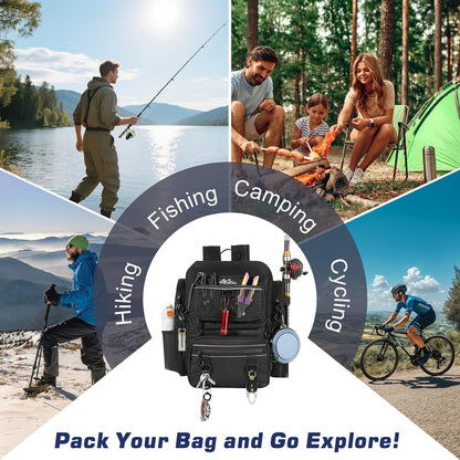 Large 40L Fishing Tackle Backpack with Rod Holders & Bait Binder