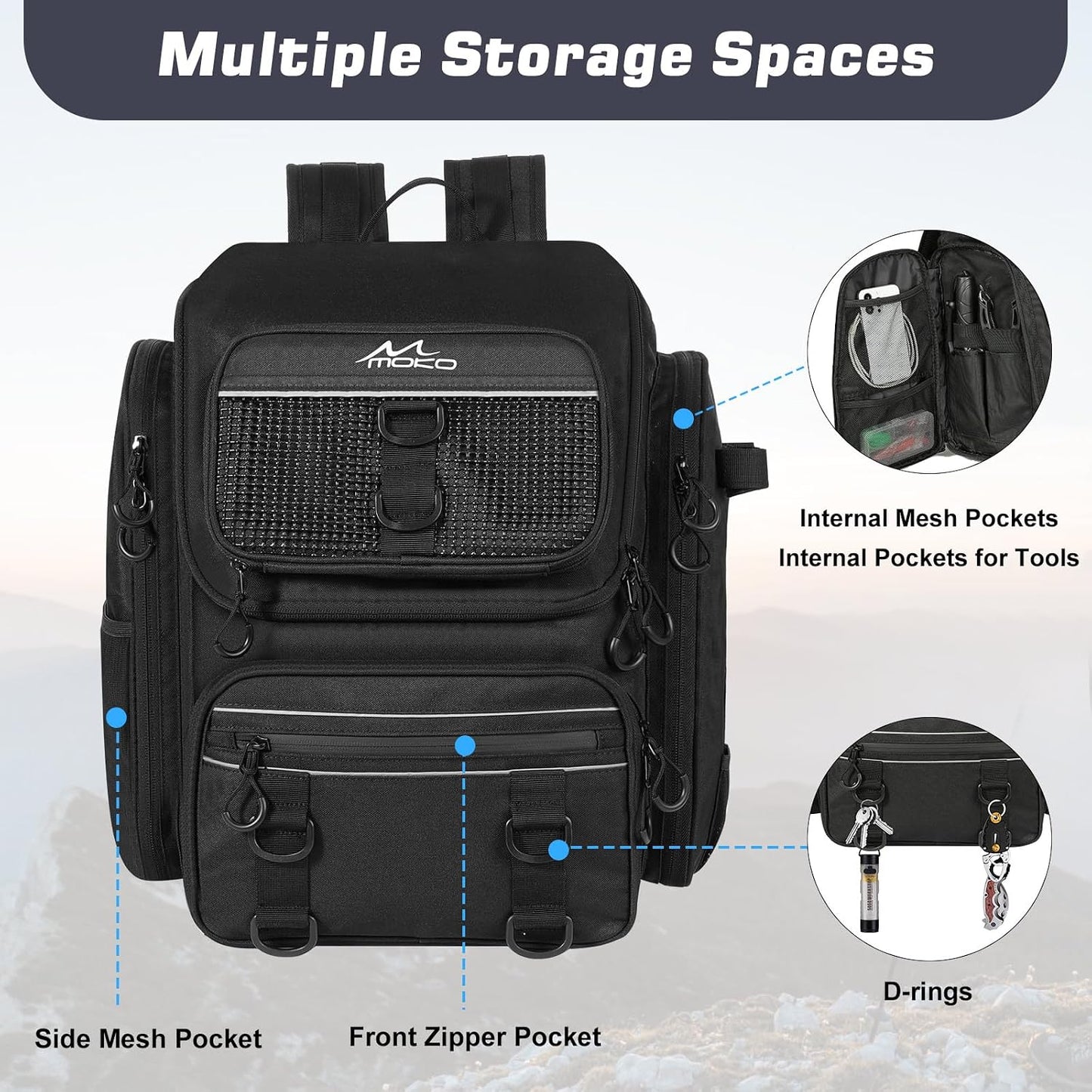 Large 40L Fishing Tackle Backpack with Rod Holders & Bait Binder