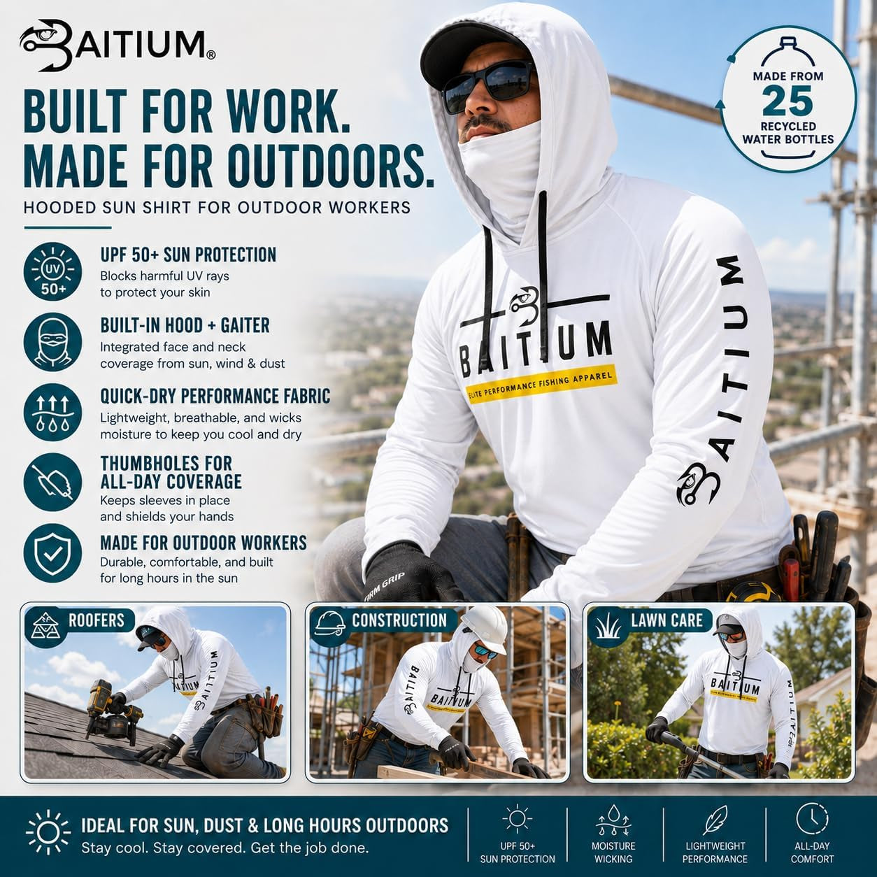 Fishing Shirts for Men,Upf50 Hooded Long Sleeve with Gaiter, Sun Protection Dry Fit Apparel, Face Mask, Fishing Clothes