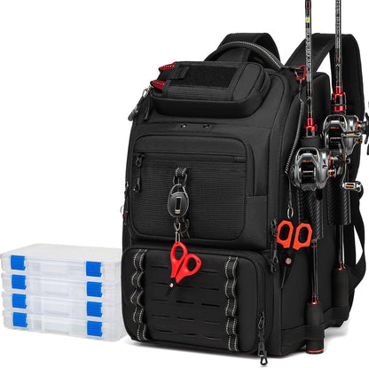 Fishing Tackle Backpack, 40L Tackle Bag with 2 Rod Holders & 4 Tackle Boxes, Water-Resistant Large Storage Fishing Gear and Equipment, Fisher Gifts for Men, Black