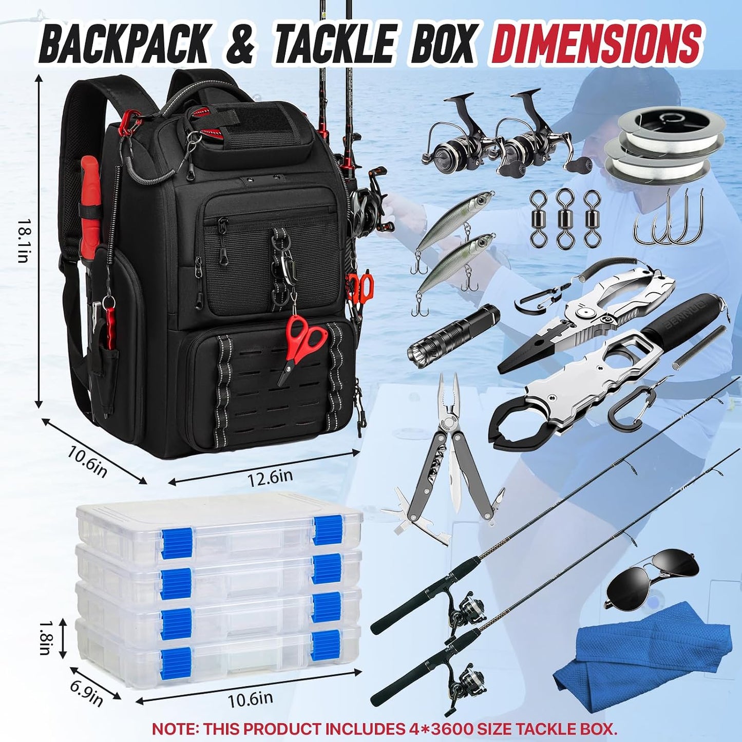 Fishing Tackle Backpack, 40L Tackle Bag with 2 Rod Holders & 4 Tackle Boxes, Water-Resistant Large Storage Fishing Gear and Equipment, Fisher Gifts for Men, Black