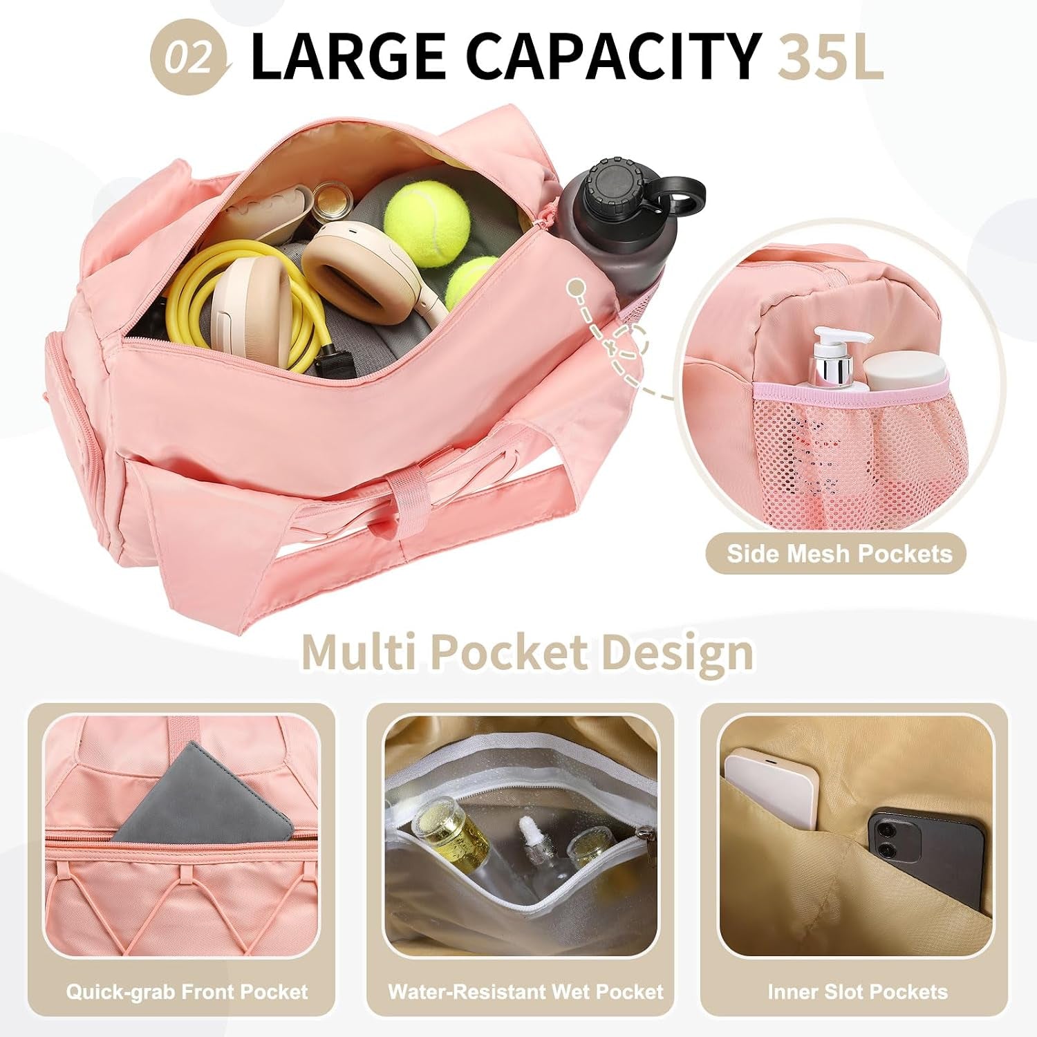 Small Gym Bag for Women with Shoe Compartment 35L, Pink