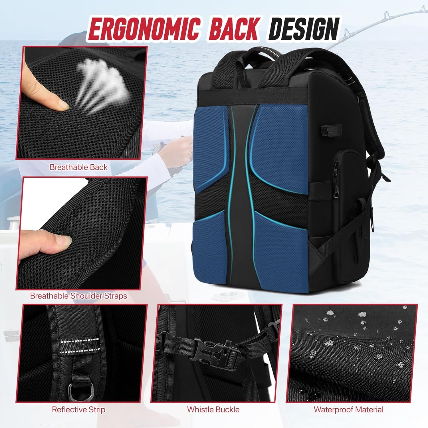 Fishing Tackle Backpack, 40L Tackle Bag with 2 Rod Holders & 4 Tackle Boxes, Water-Resistant Large Storage Fishing Gear and Equipment, Fisher Gifts for Men, Black