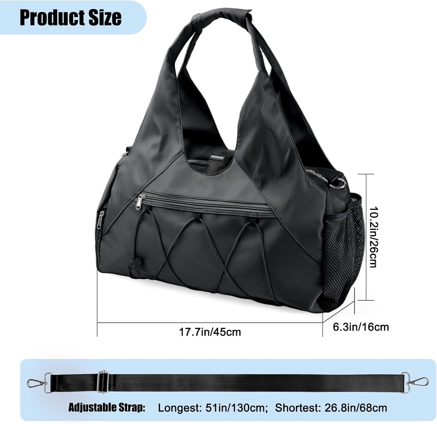 Gym Bag for Women with Yoga Mat Holder, Black