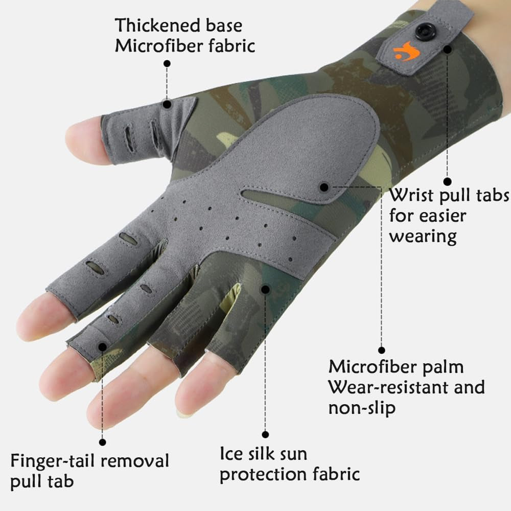 Fishing Gloves, UPF50+ Sun Gloves UV Protection Fingerless Glove Men Women, Unisex Fingerless Camo Hunting Gloves, for Fishing, Kayaking, Rowing, Paddling, Canoeing, Hunting