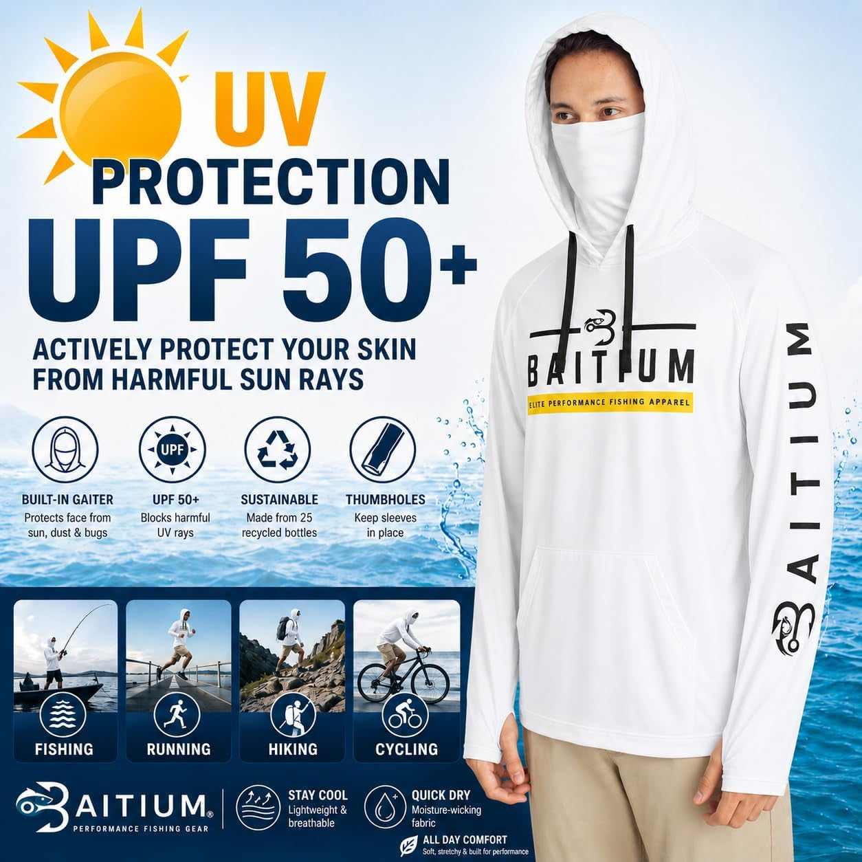 Fishing Shirts for Men,Upf50 Hooded Long Sleeve with Gaiter, Sun Protection Dry Fit Apparel, Face Mask, Fishing Clothes