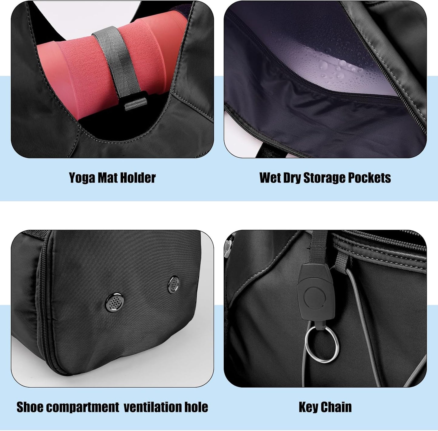 Gym Bag for Women with Yoga Mat Holder, Black