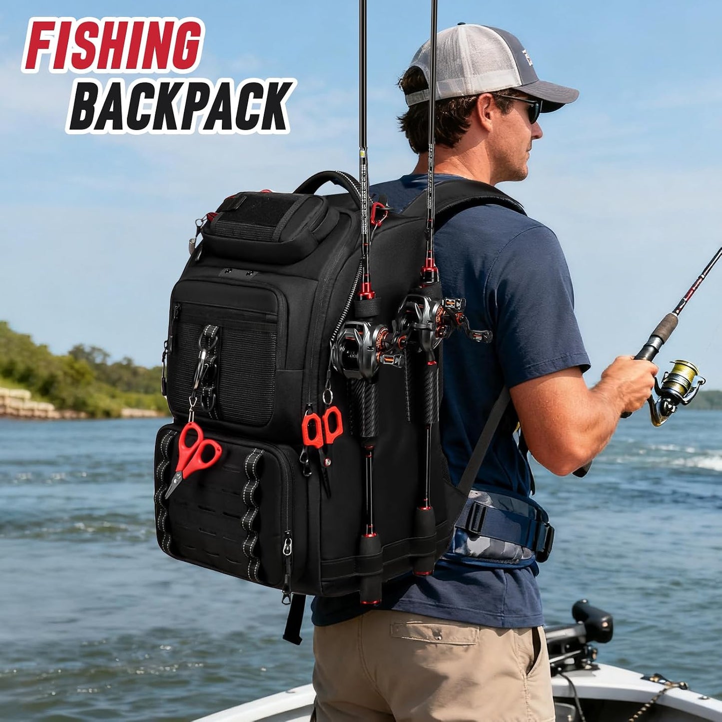Fishing Tackle Backpack, 40L Tackle Bag with 2 Rod Holders & 4 Tackle Boxes, Water-Resistant Large Storage Fishing Gear and Equipment, Fisher Gifts for Men, Black