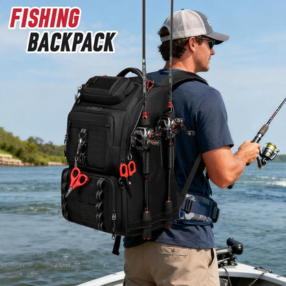 Fishing Tackle Backpack, 40L Tackle Bag with 2 Rod Holders & 4 Tackle Boxes, Water-Resistant Large Storage Fishing Gear and Equipment, Fisher Gifts for Men, Black