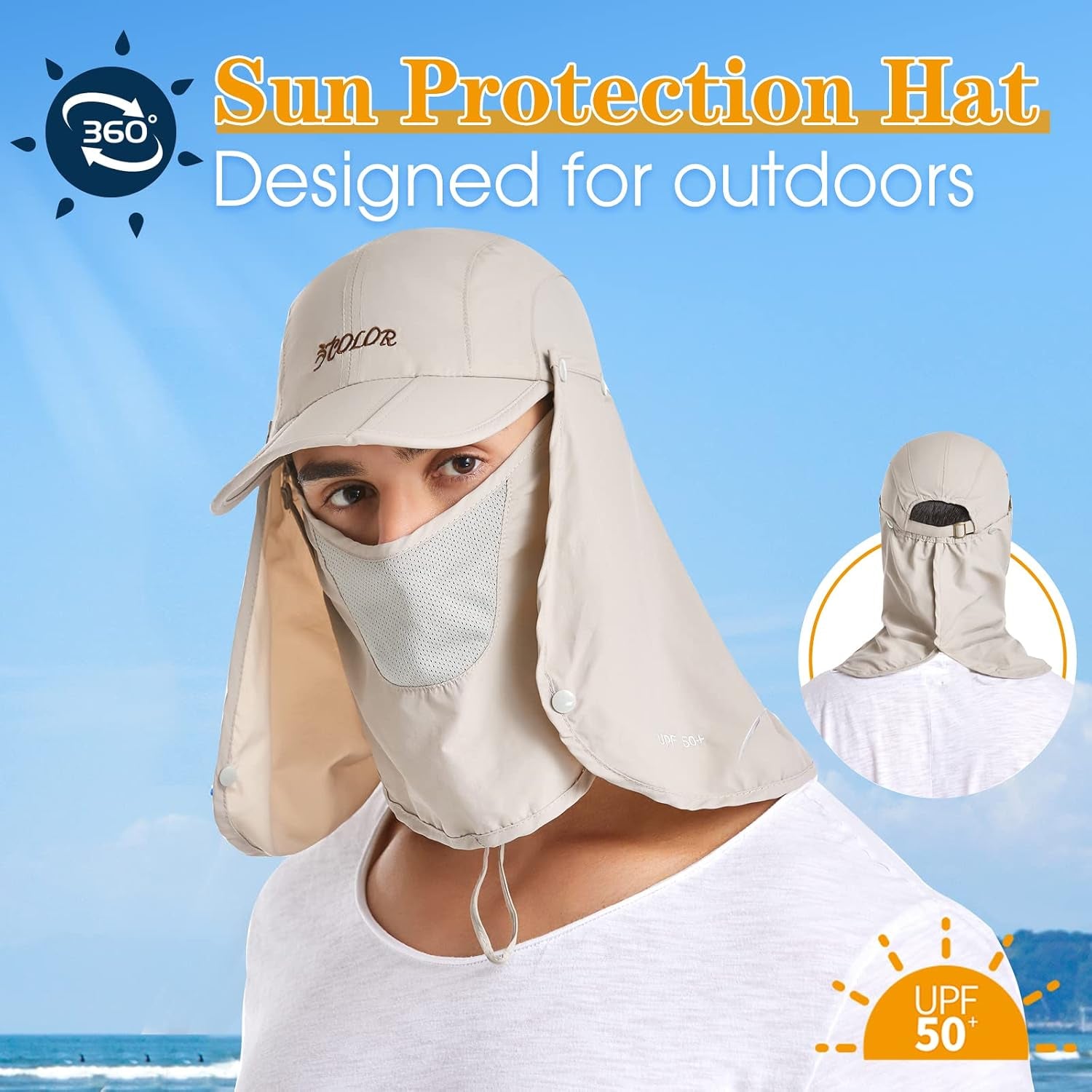 Sun Hat for Men Women Neck Flap Ponytail Hats,Upf50+ Foldable Sun Cap Sun Protection Hat Summer Outdoor Fishing Hat
