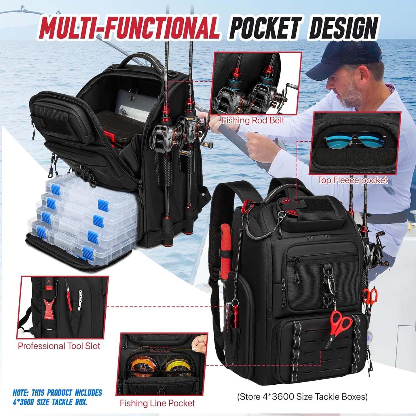 Fishing Tackle Backpack, 40L Tackle Bag with 2 Rod Holders & 4 Tackle Boxes, Water-Resistant Large Storage Fishing Gear and Equipment, Fisher Gifts for Men, Black