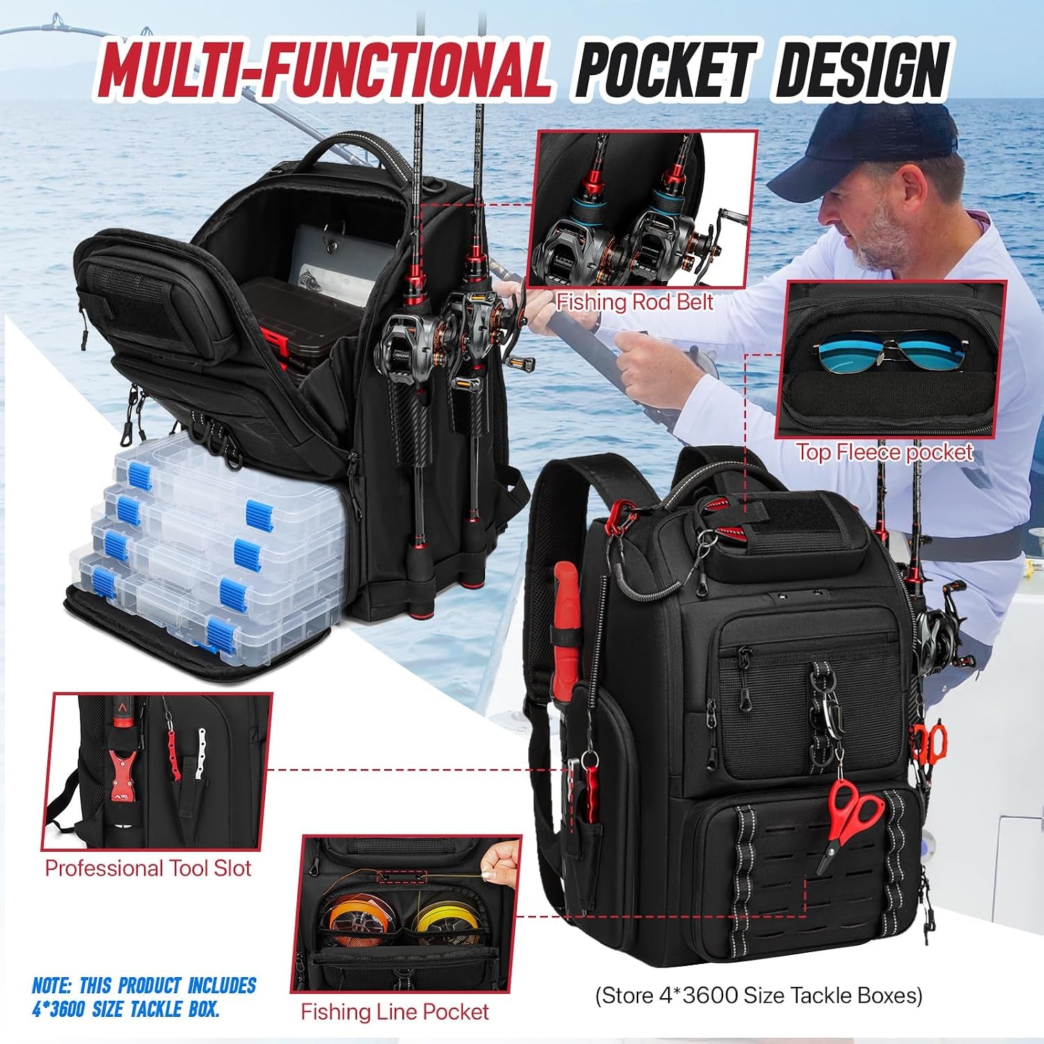Fishing Tackle Backpack, 40L Tackle Bag with 2 Rod Holders & 4 Tackle Boxes, Water-Resistant Large Storage Fishing Gear and Equipment, Fisher Gifts for Men, Black