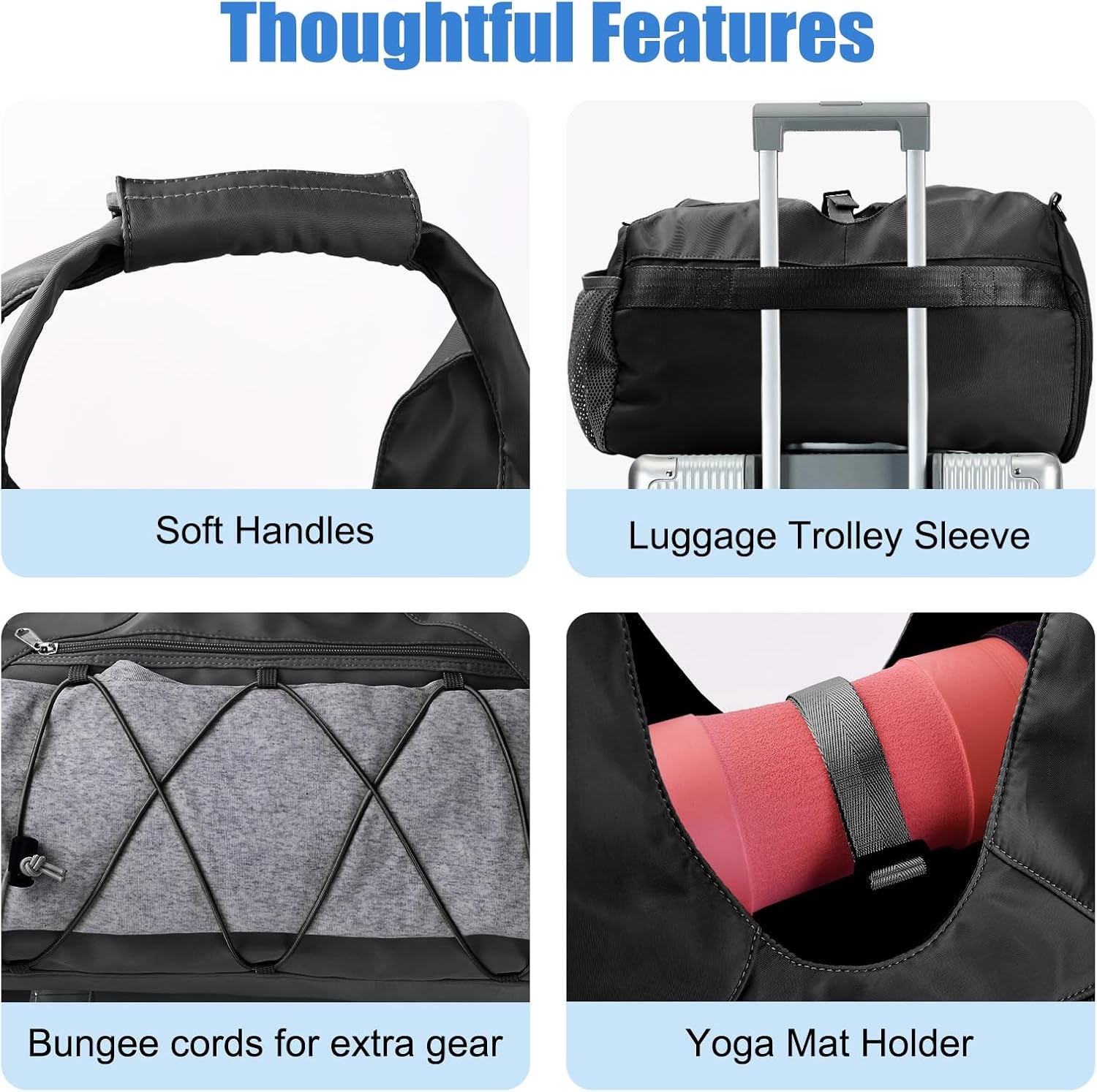 Gym Bag for Women with Yoga Mat Holder, Black