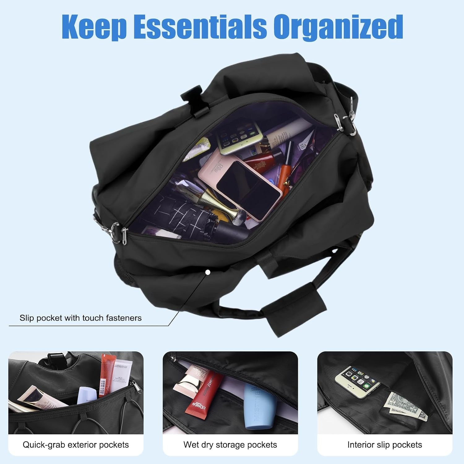 Gym Bag for Women with Yoga Mat Holder, Black