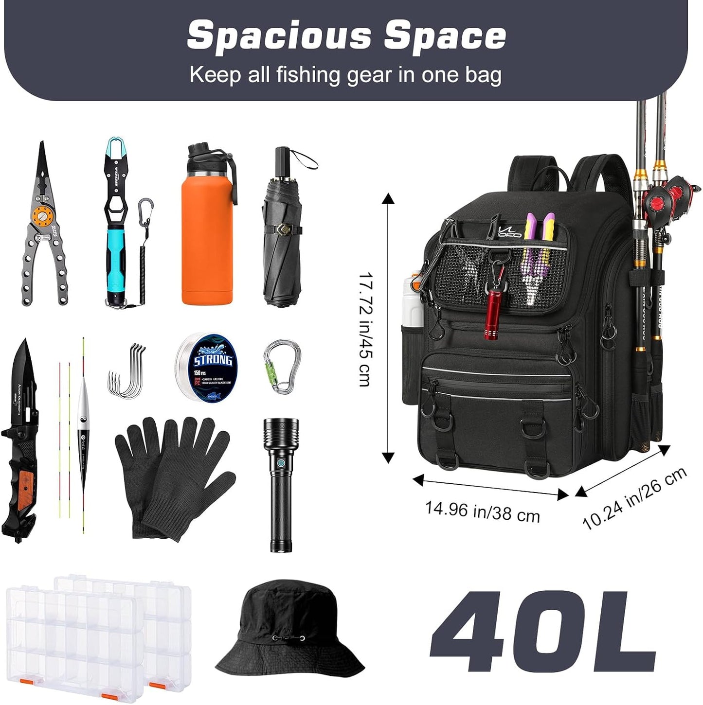 Large 40L Fishing Tackle Backpack with Rod Holders & Bait Binder
